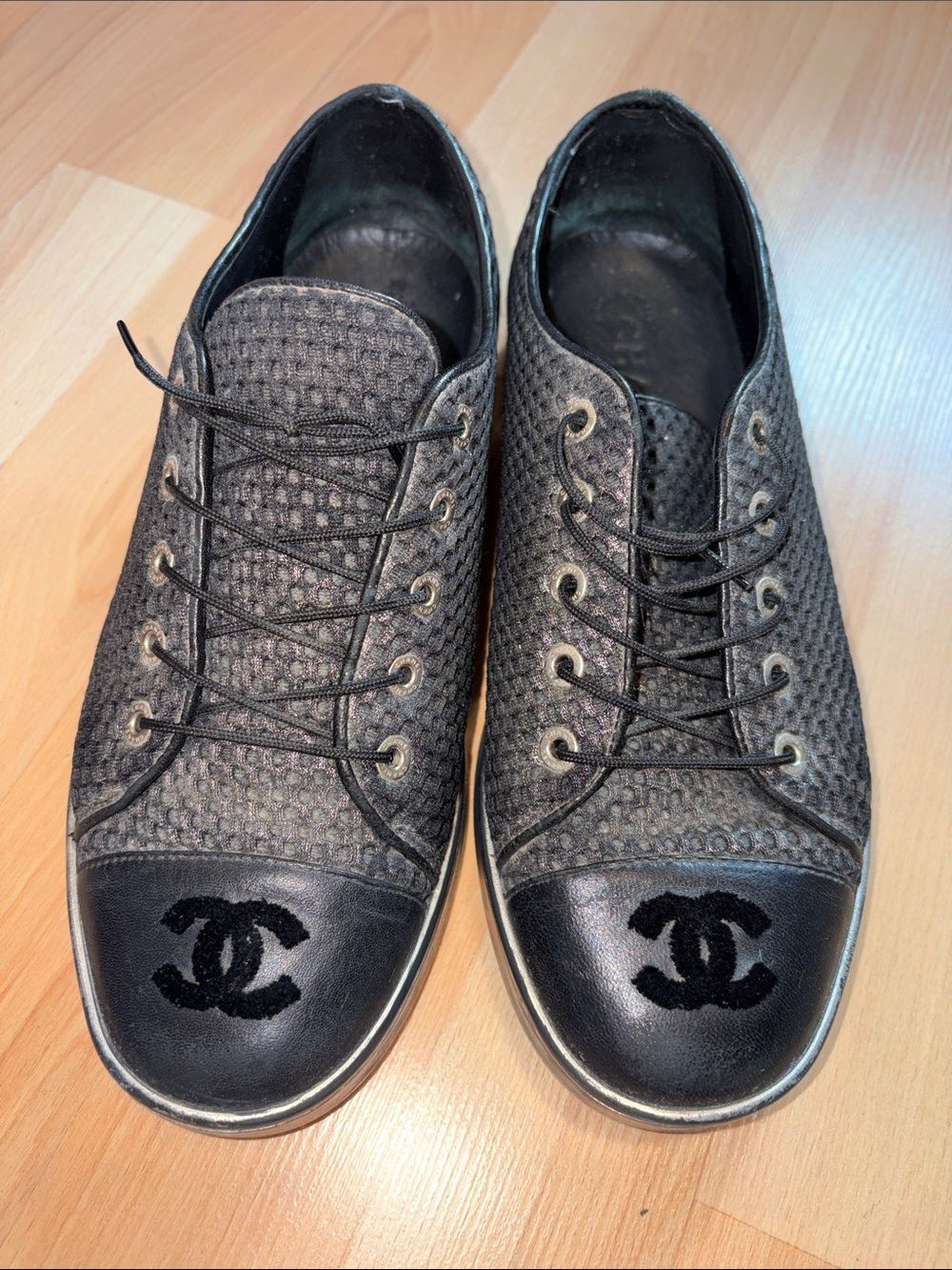 CHANEL Black Men's Woven Leather Cap-Toe Lace-Up Sneakers